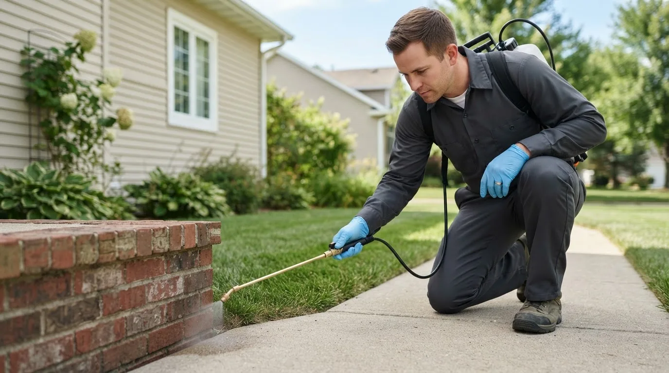 Pest control technician treating a home near Hopkins, MO